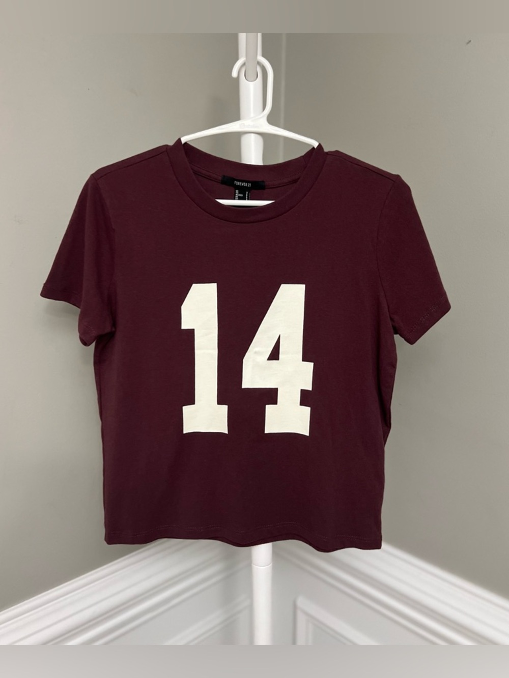Forever 21 Maroon Short Sleeve Crop Tee with White '14' Graphic